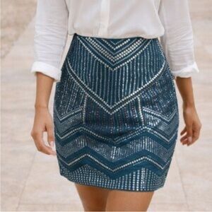 Express Embellished Mini‎ Skirt Beads Sequins Teal Blue Stretchy Women’s S  NWOT
